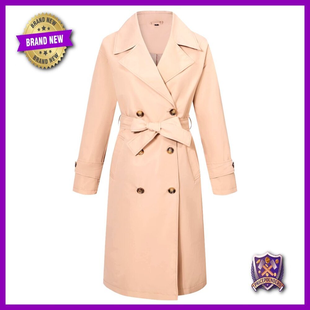 Double-Breasted Trench Coat Water Resistant Loose Fit Knee-Length Removable Belt